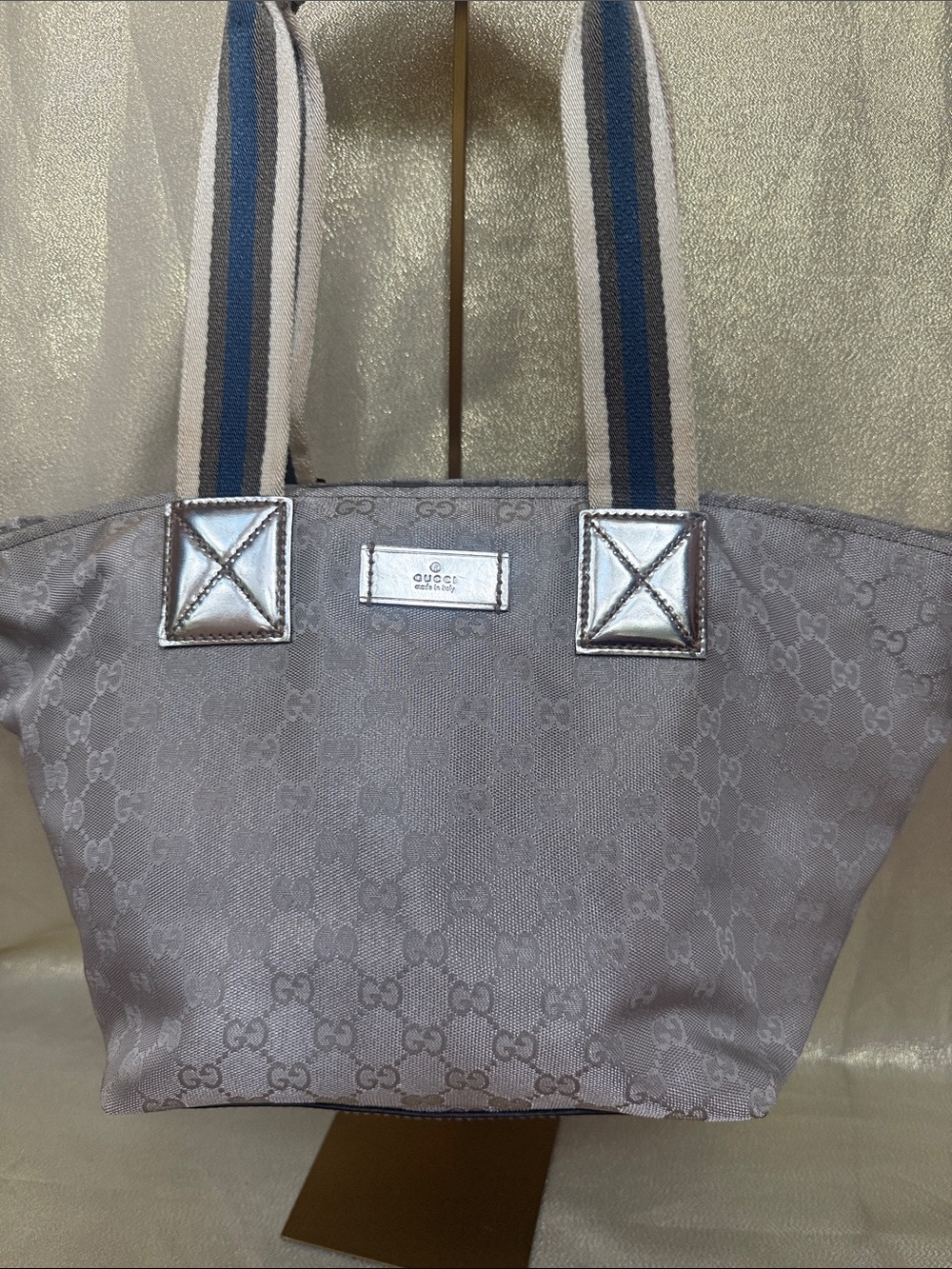 Gucci Women's Silver Metallic  Gray GG Canvas Tote Bag
